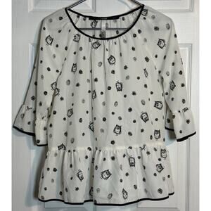 Kensie Women's Black And White Short Sleeve Owl Blouse, Polyester, Super Cute, S